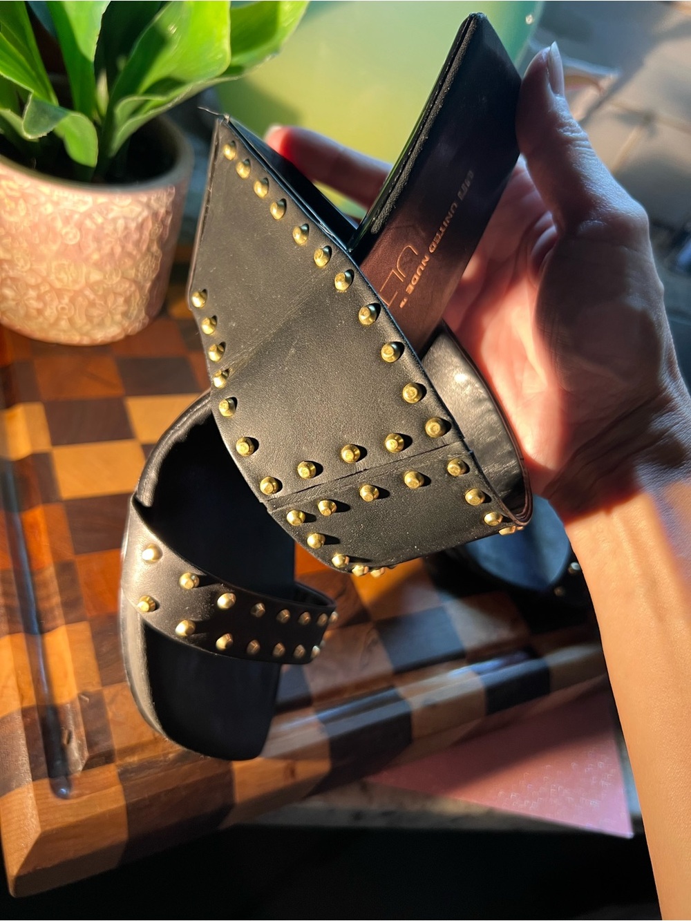 high style, United Nude Black w/ Gold Studs Two-Strap Heels - Picture 6 of 10